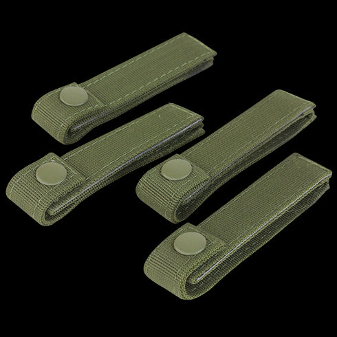 Four Condor Mod Straps - 4, olive green nylon with snap buttons, commonly used by military and law enforcement, arranged on a white background.
